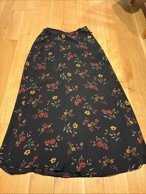 Jones New York Silk Black Maxi Skirt with Red and Yellow Floral Print